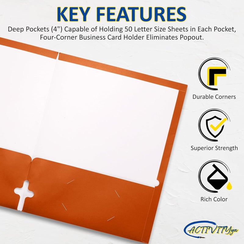 ACTIVITYYA 10 Pack Two Pocket Folders, Orange, Strong Thick Paper Folders, for Letter Size, by - Image 3